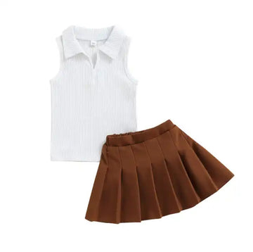 Chic Collar Vest & Pleated Skirt Set