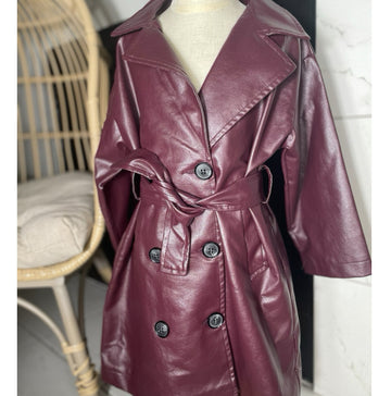 Mini Burgundy Faux Leather Trench Coat
