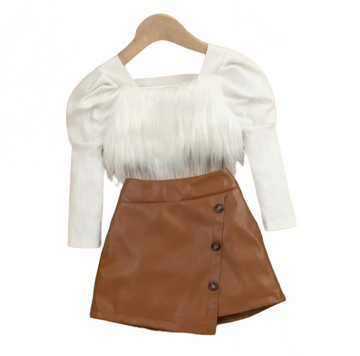 Furry Elegance Puff Sleeve Top Skirt Set