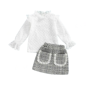 Floral Lace Mesh Top and Plaid Skirt Set