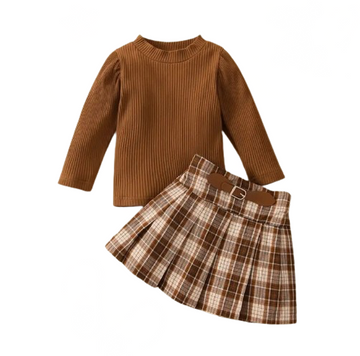 Chic Harmony Long Sleeve Ribbed Top & Plaid Pleated Skirt Set