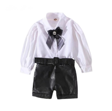 Bubble Bliss Bow Blouse & Faux leather short Set