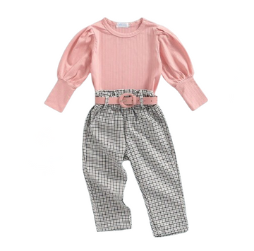 Puff Perfection Long Top & Plaid Printed Pants Set with Belt