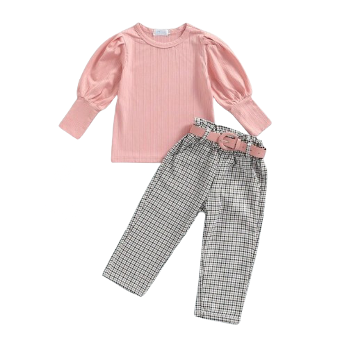 Puff Perfection Long Top & Plaid Printed Pants Set with Belt