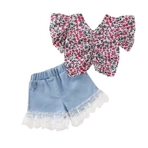 Floral Denim Delight Short Set
