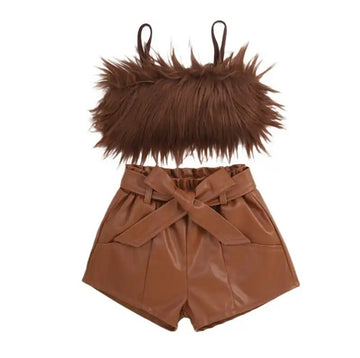 Furry Flair Vest & High-Waist faux Leather Short Set