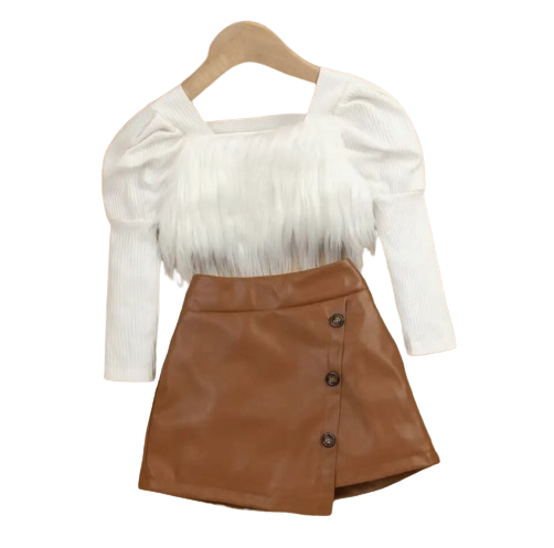 Furry Elegance Puff Sleeve Top Skirt Set