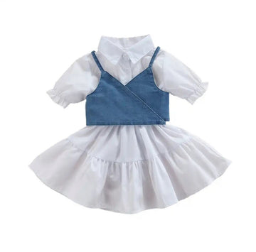 Angelica White Ruffle Flare Dress & Denim Vest Set