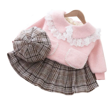 Pink Pearl Lace Sweater Three-Piece Skirt Set with Beret Hat for Kids