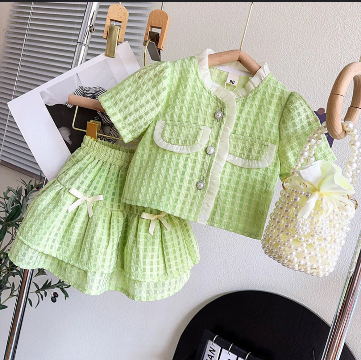 Meadow Check Girls Green Plaid Skirt Set