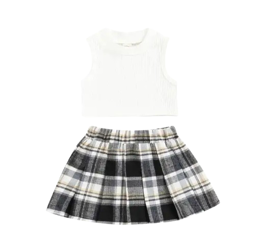 Knitted Chic Vest & Plaid Pleated Skirt Set - white