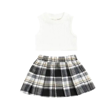 Knitted Chic Vest & Plaid Pleated Skirt Set - white